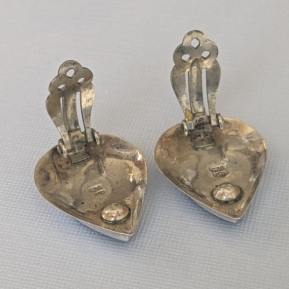 Signed Vintage 925 Sterling Silver Black Onyx Pear Shaped Clip On Earrings - Picture 10 of 12